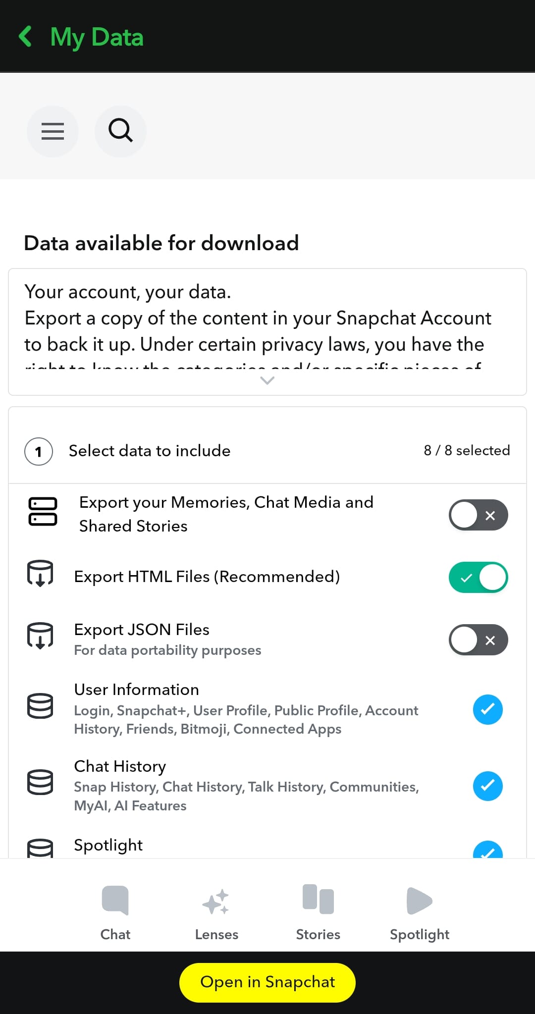 Picture showing Snapchat data options