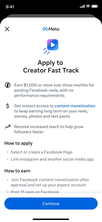 Facebook Creator Fast Track Application