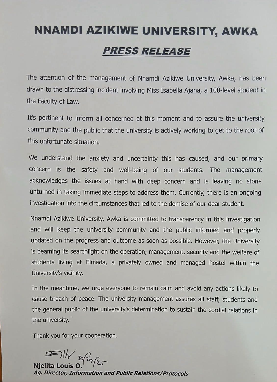 UNIZIK Press Statement